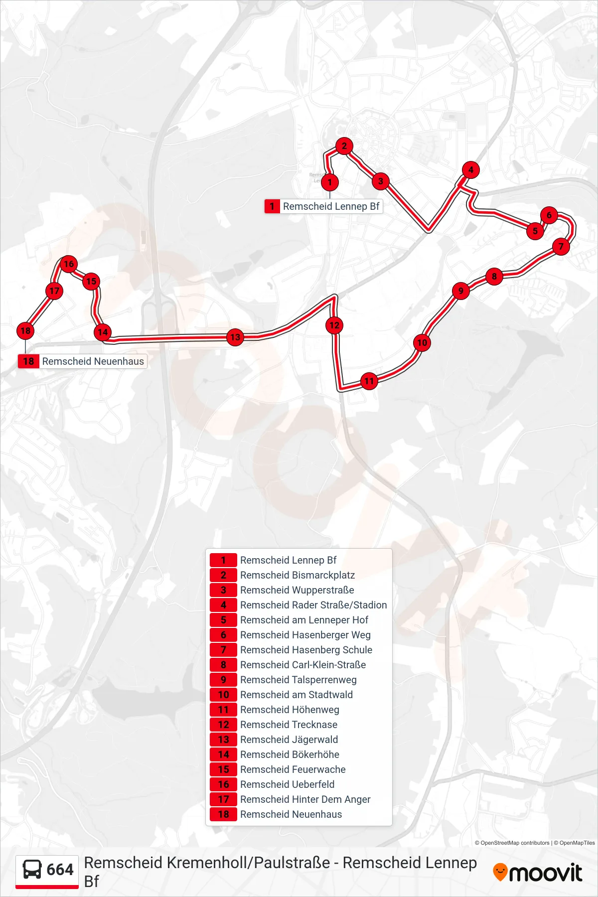 664 bus Line (Remscheid Neuenhaus) route and stops on a map