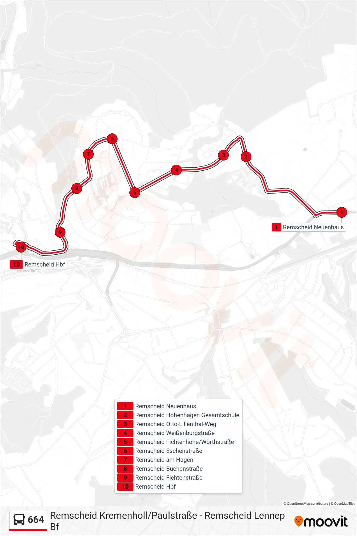 Linie 664 (Bus) Richtung Remscheid Hbf: Route und Haltestellen auf der Karte