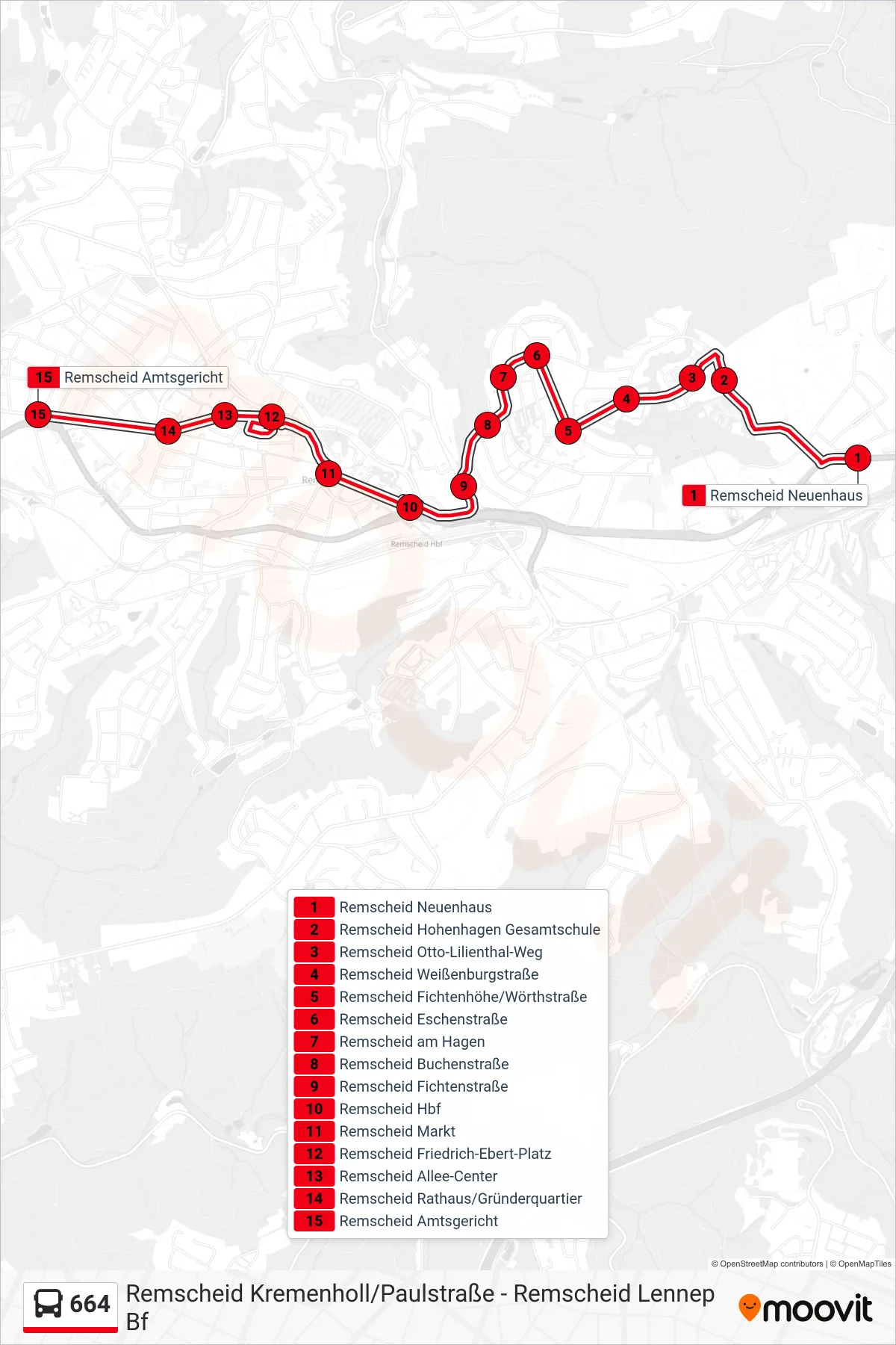 Linie 664 (Bus) Richtung Remscheid Amtsgericht: Route und Haltestellen auf der Karte