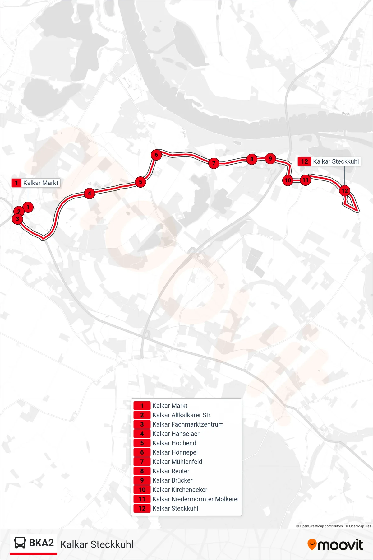 Linie BKA2 (Bus) Richtung Kalkar Steckkuhl: Route und Haltestellen auf der Karte