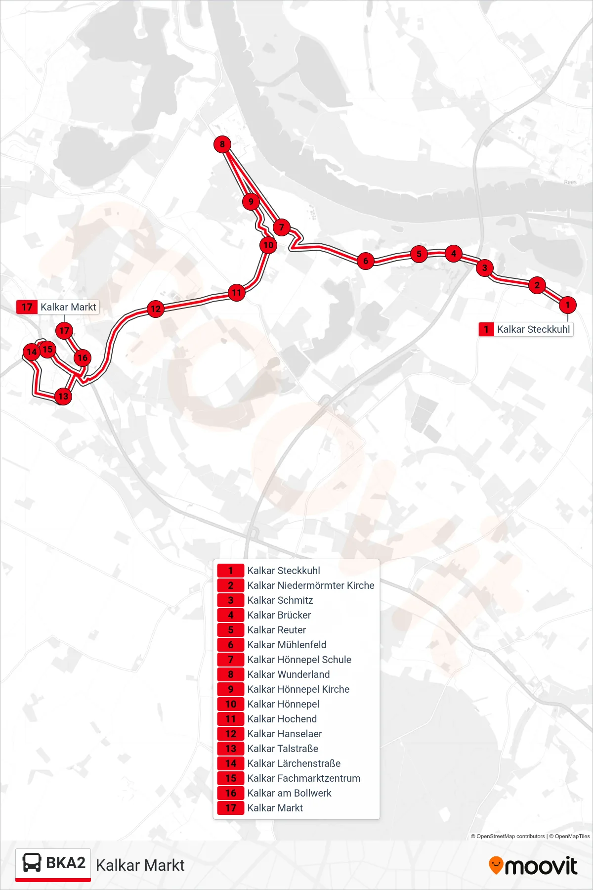 BKA2 bus Line (Kalkar Markt) route and stops on a map