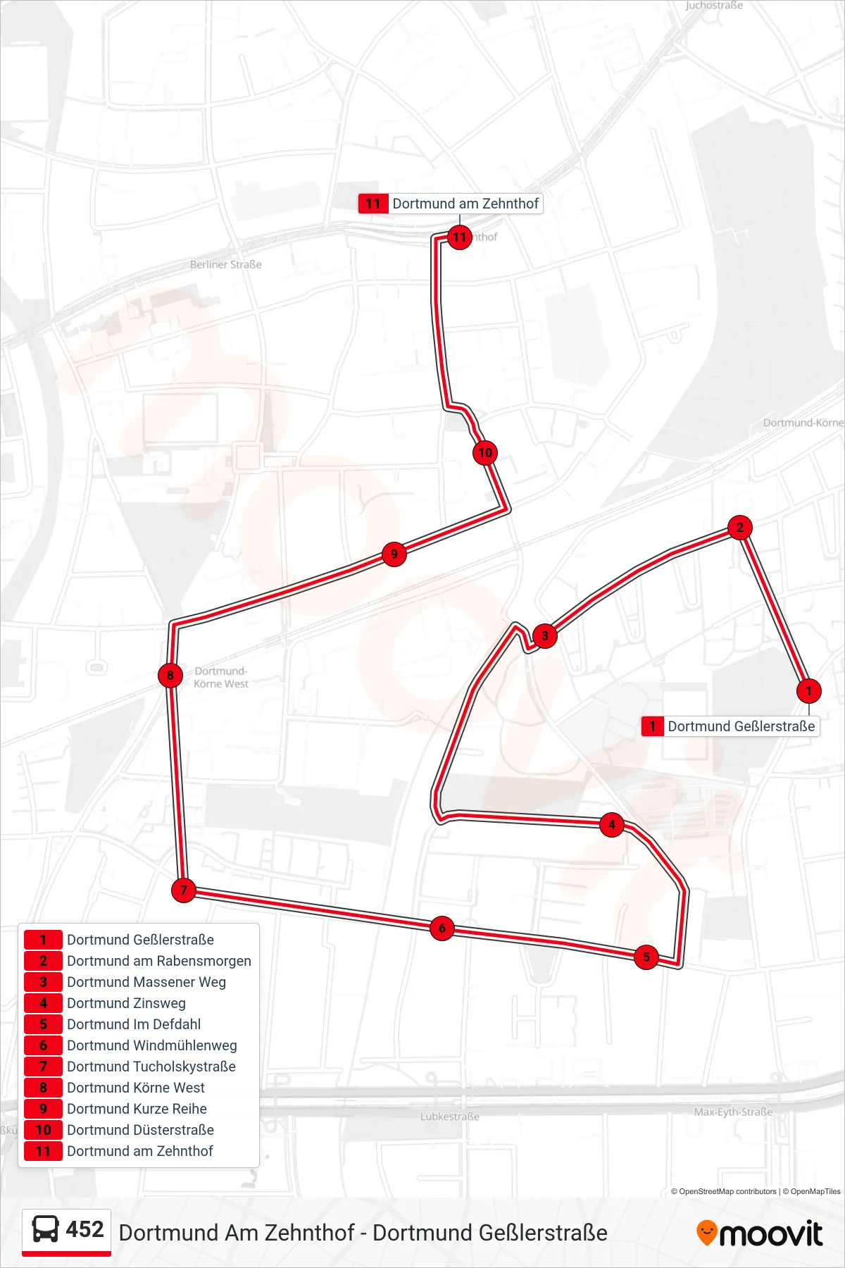 Linie 452 (Bus) Richtung Dortmund am Zehnthof: Route und Haltestellen auf der Karte