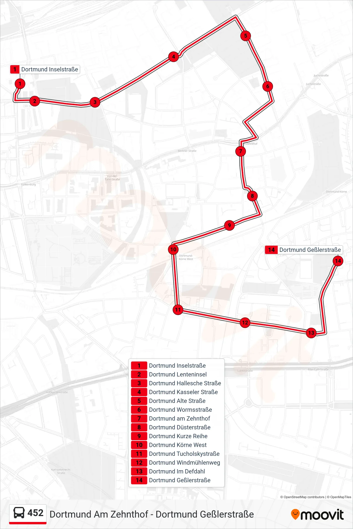 Linie 452 (Bus) Richtung Dortmund Geßlerstraße: Route und Haltestellen auf der Karte