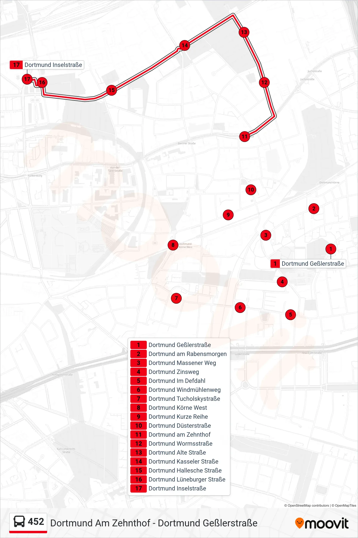 Linie 452 (Bus) Richtung Dortmund Inselstraße: Route und Haltestellen auf der Karte