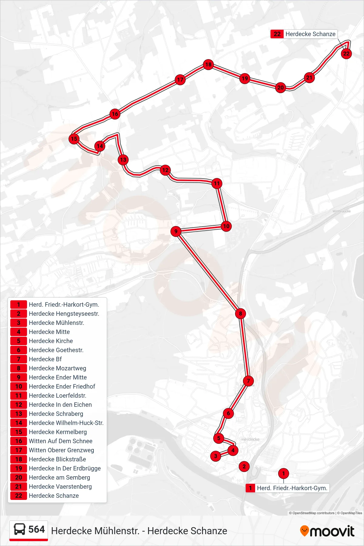 Linie 564 (Bus) Richtung Herdecke Schanze: Route und Haltestellen auf der Karte