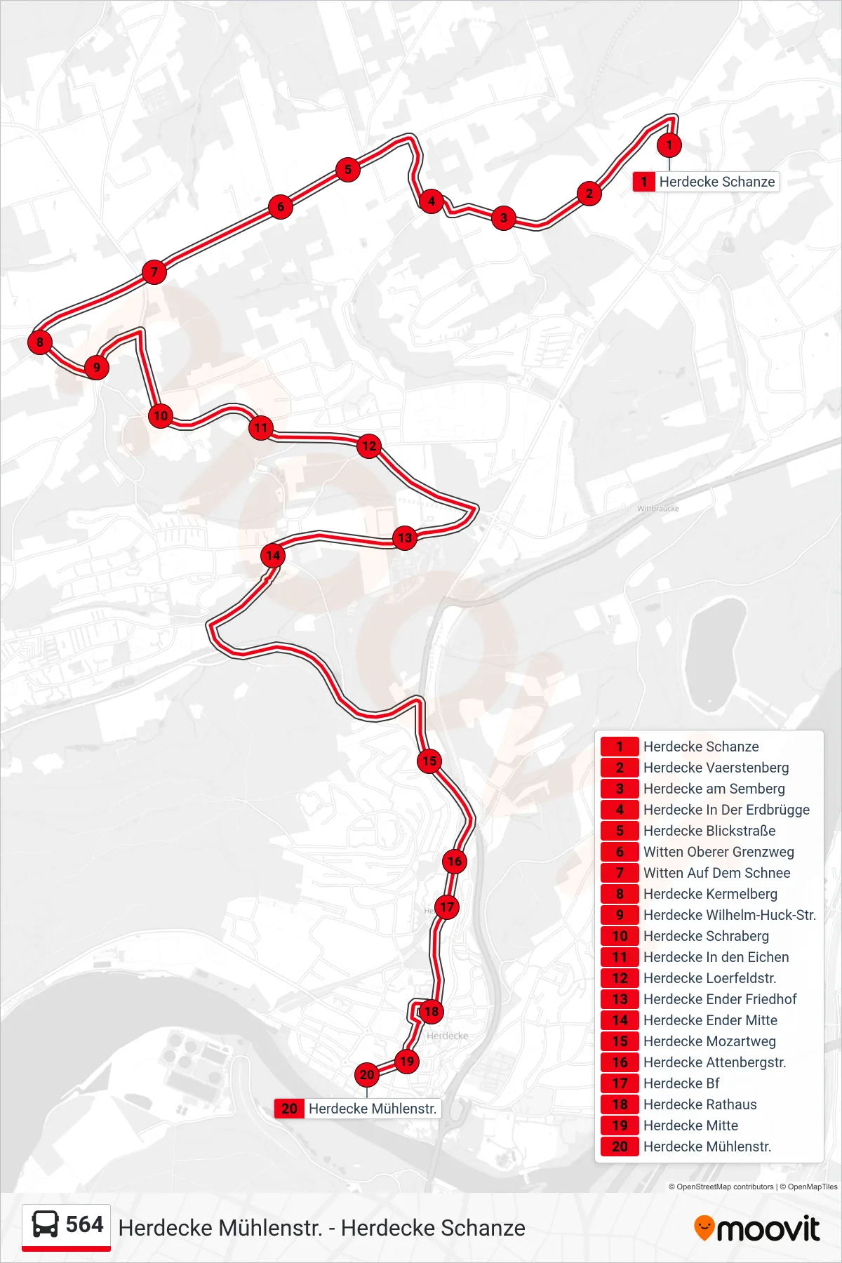 564 bus Line (Herdecke Mühlenstr.) route and stops on a map