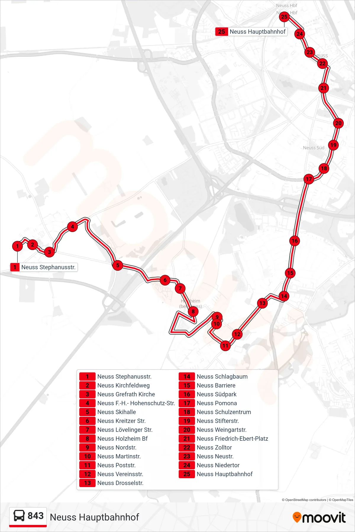 Linie 843 (Bus) Richtung Neuss Hauptbahnhof: Route und Haltestellen auf der Karte