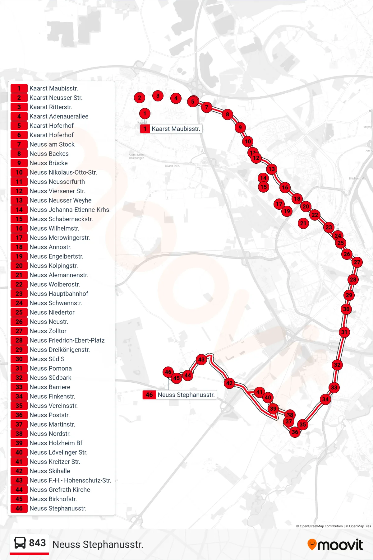 Linie 843 (Bus) Richtung Neuss Stephanusstr.: Route und Haltestellen auf der Karte