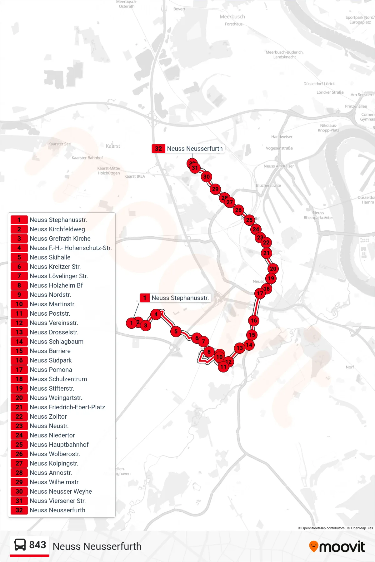 Linie 843 (Bus) Richtung Neuss Neusserfurth: Route und Haltestellen auf der Karte