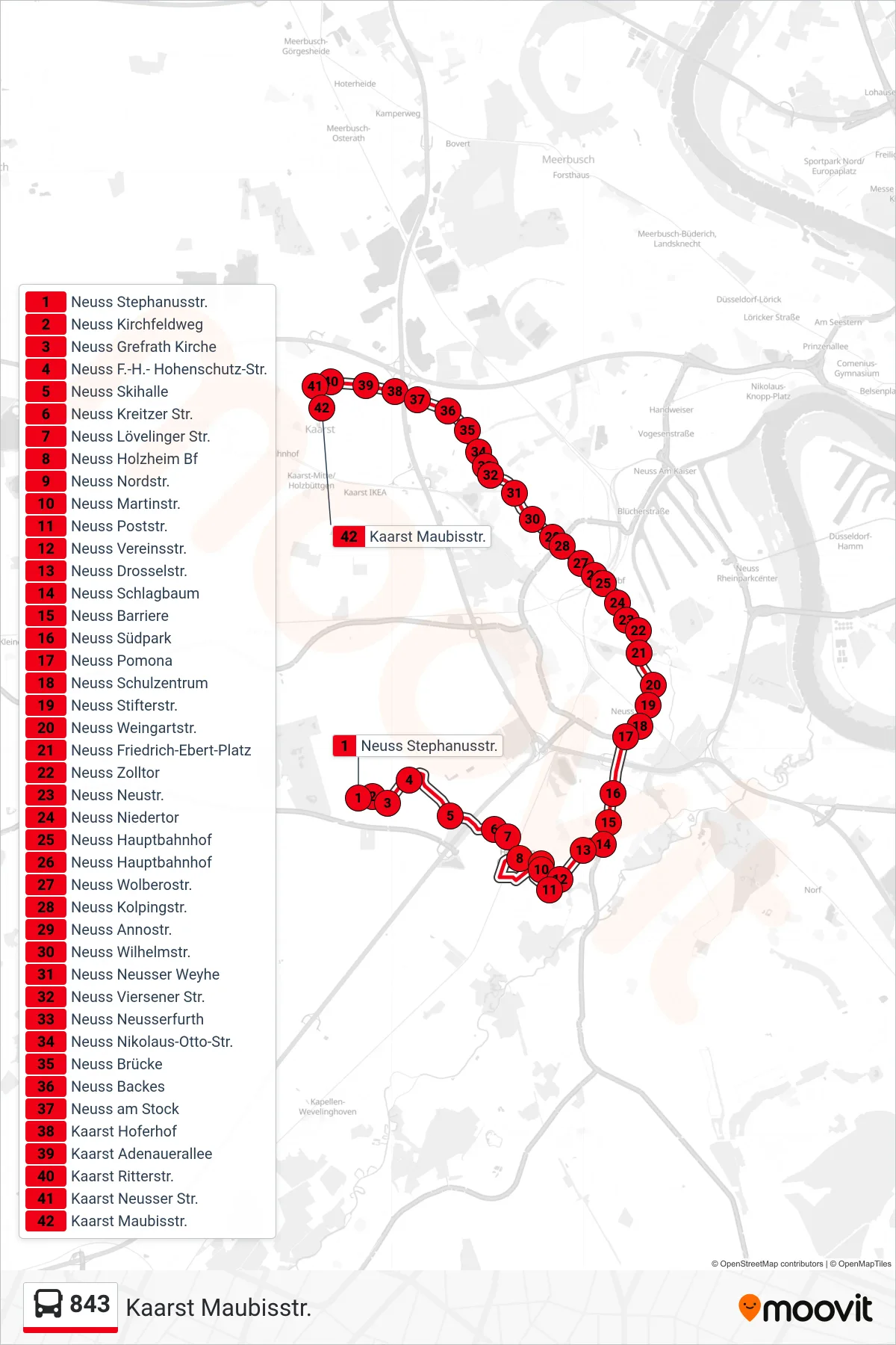 843 bus Line (Kaarst Maubisstr.) route and stops on a map