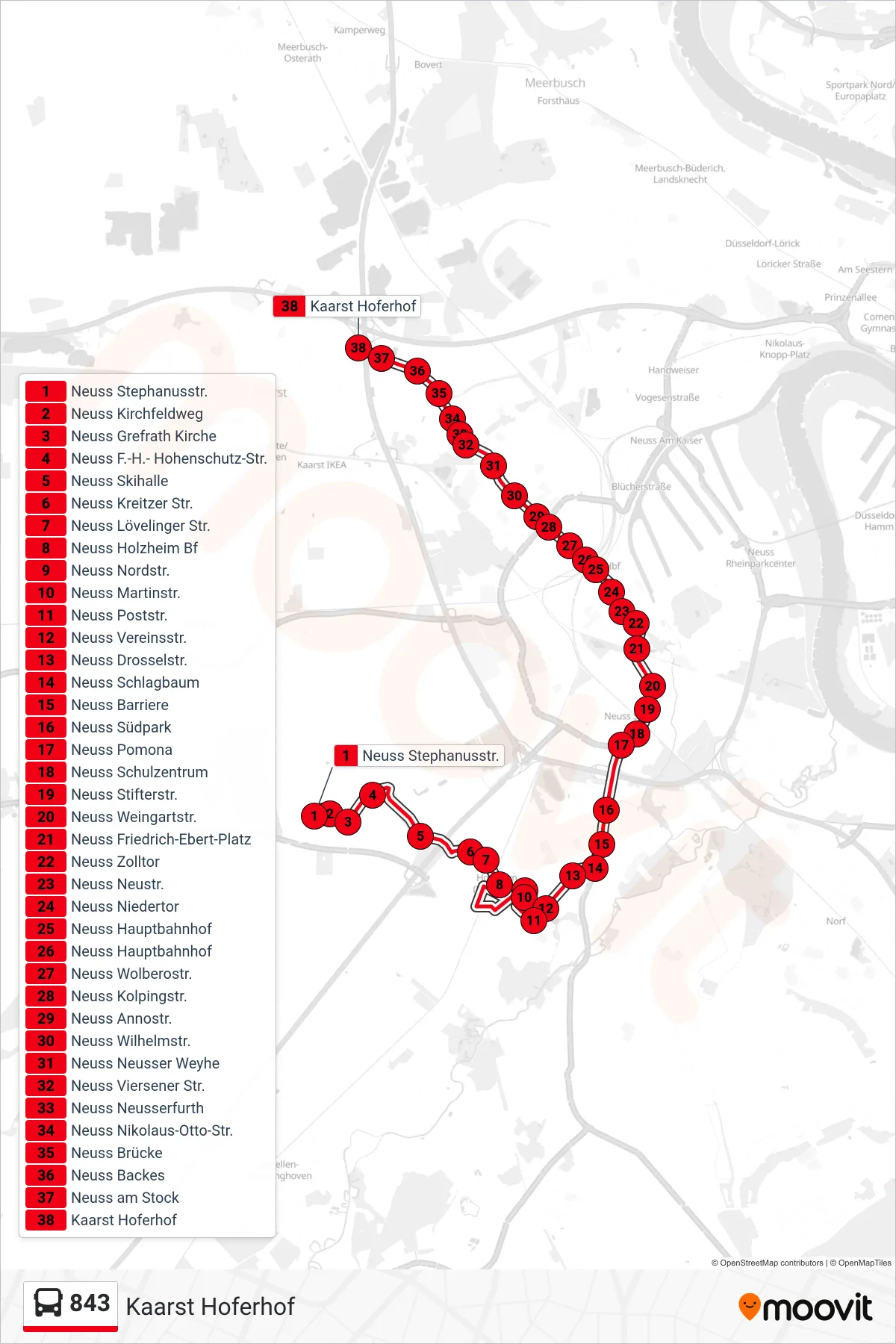 Linie 843 (Bus) Richtung Kaarst Hoferhof: Route und Haltestellen auf der Karte