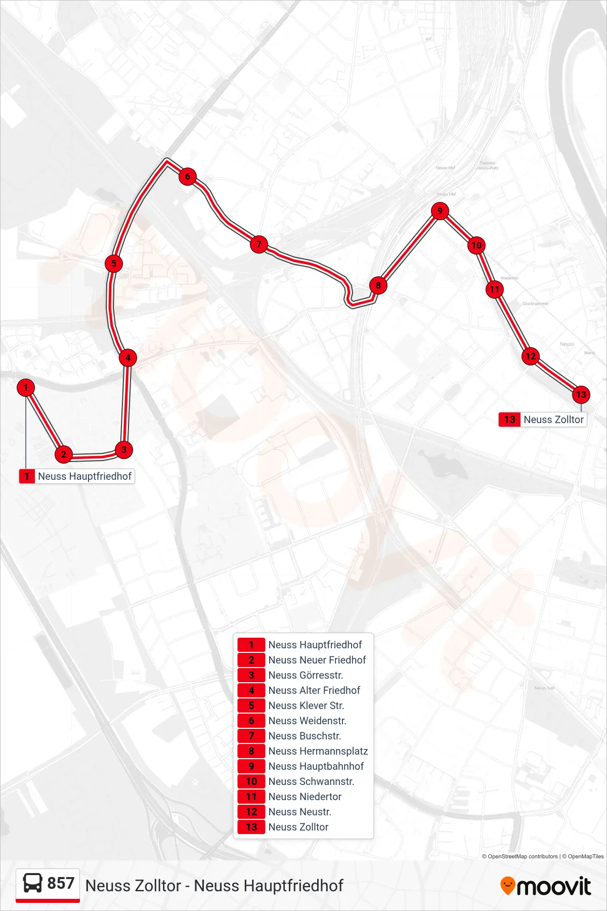 857 bus Line (Neuss Zolltor) route and stops on a map