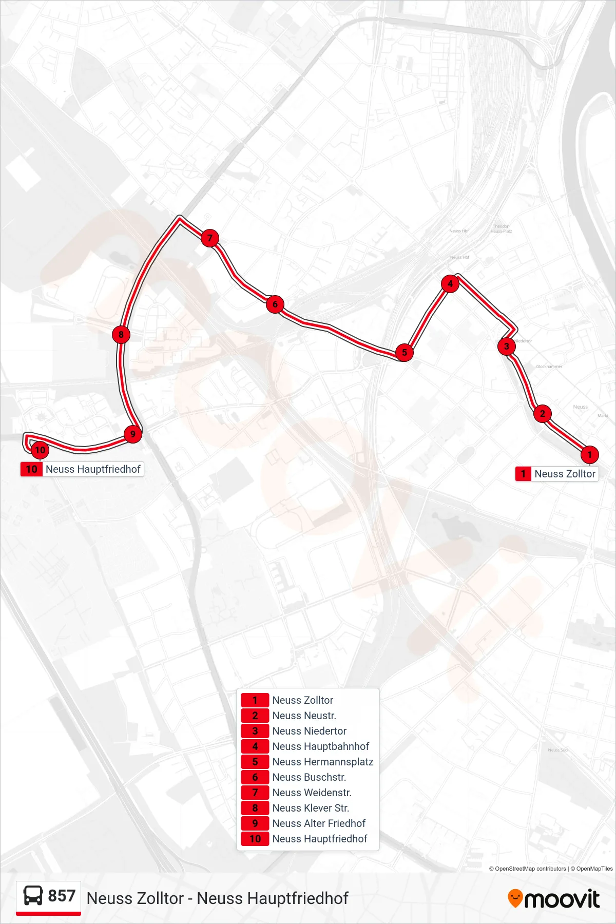 Linie 857 (Bus) Richtung Neuss Hauptfriedhof: Route und Haltestellen auf der Karte