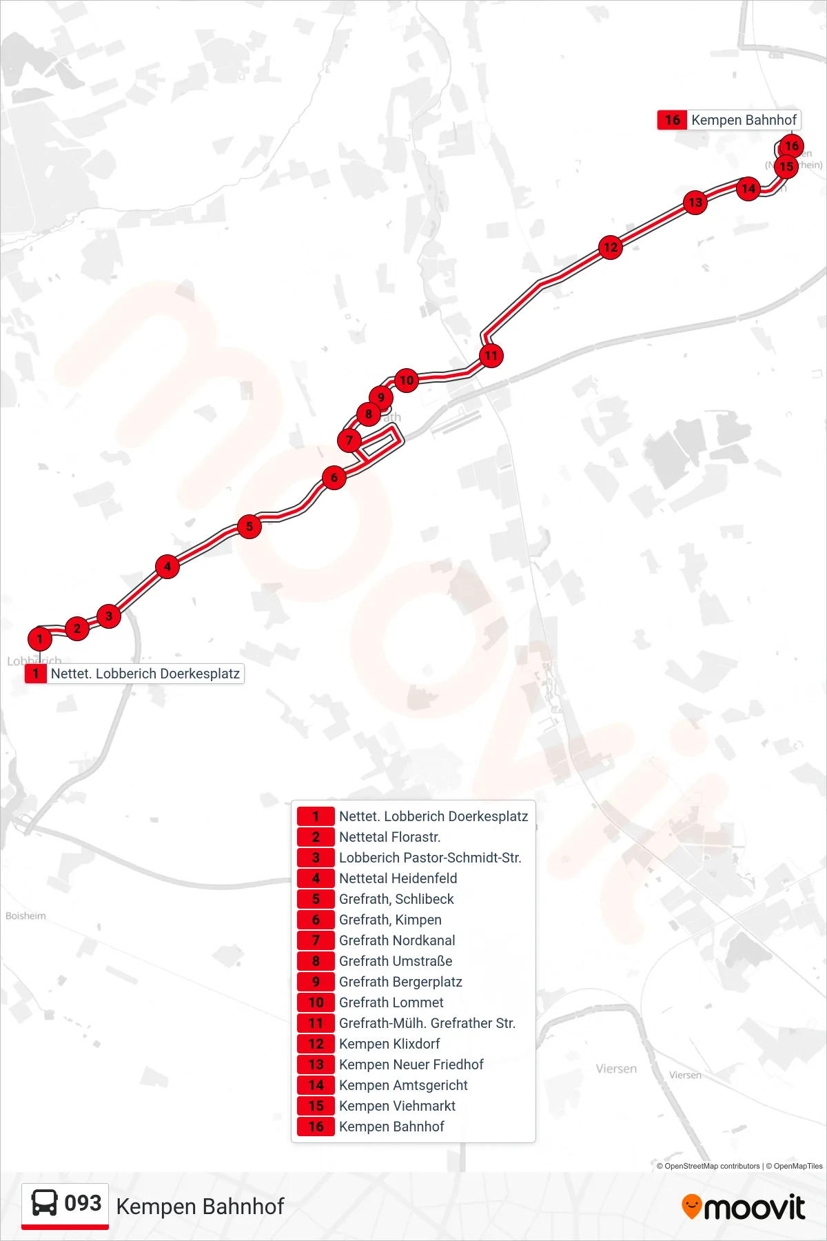 Linie 093 (Bus) Richtung Kempen Bahnhof: Route und Haltestellen auf der Karte