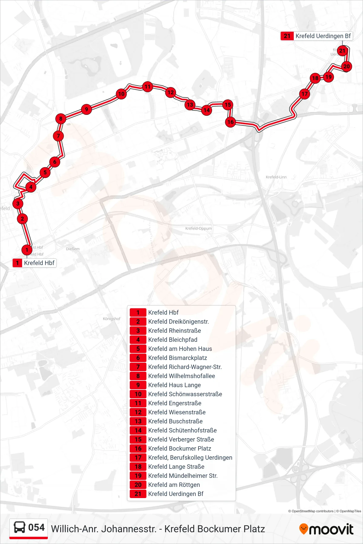 Linie 054 (Bus) Richtung Krefeld Uerdingen Bf: Route und Haltestellen auf der Karte