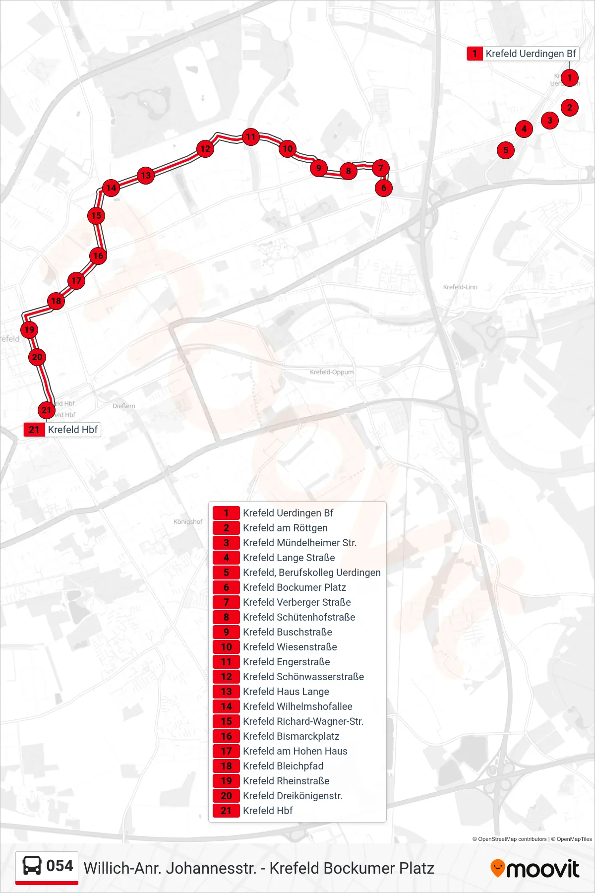 Linie 054 (Bus) Richtung Krefeld Hbf: Route und Haltestellen auf der Karte