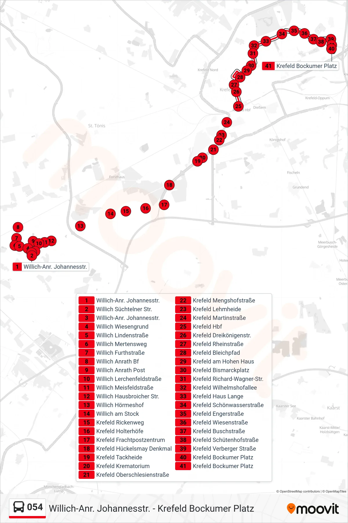 054 bus Line (Krefeld Bockumer Platz) route and stops on a map