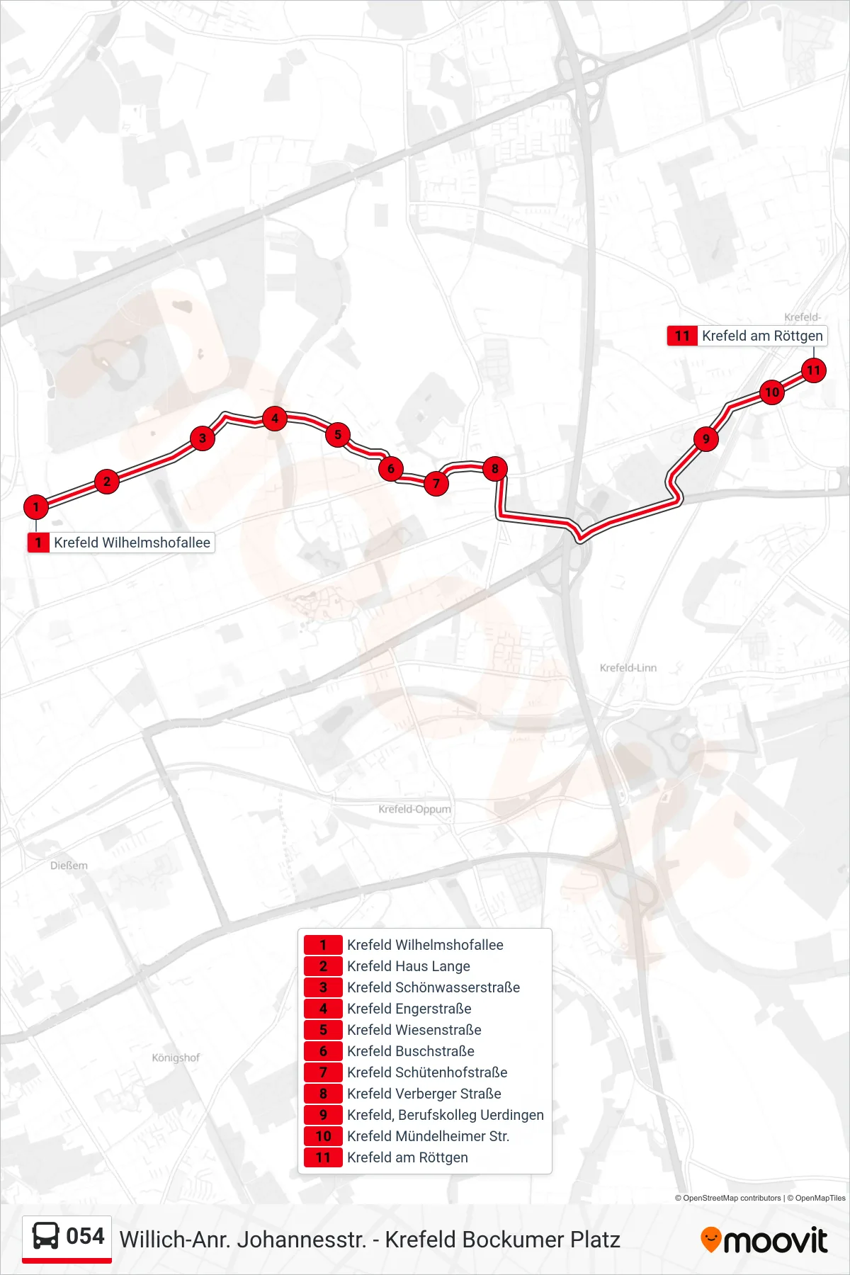 054 bus Line (Krefeld am Röttgen) route and stops on a map