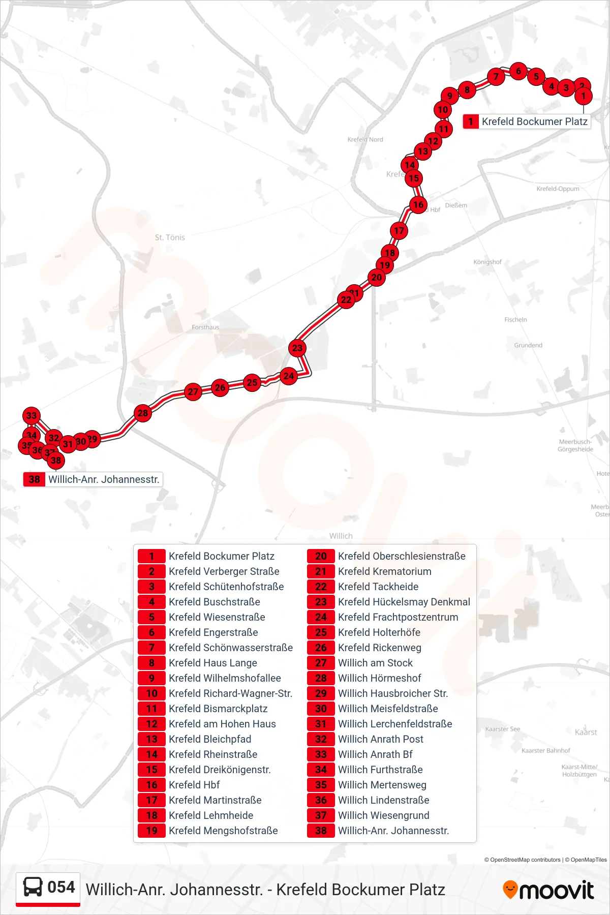 Linie 054 (Bus) Richtung Willich-Anr. Johannesstr.: Route und Haltestellen auf der Karte