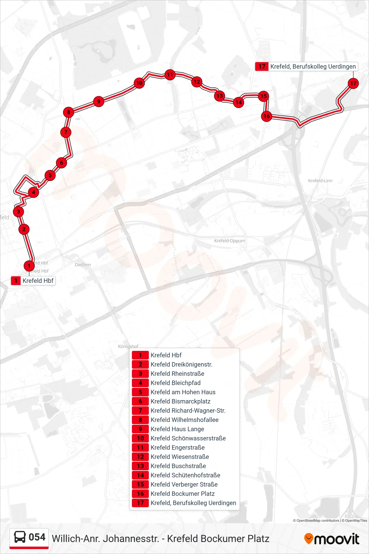 054 bus Line (Krefeld, Berufskolleg Uerdingen) route and stops on a map