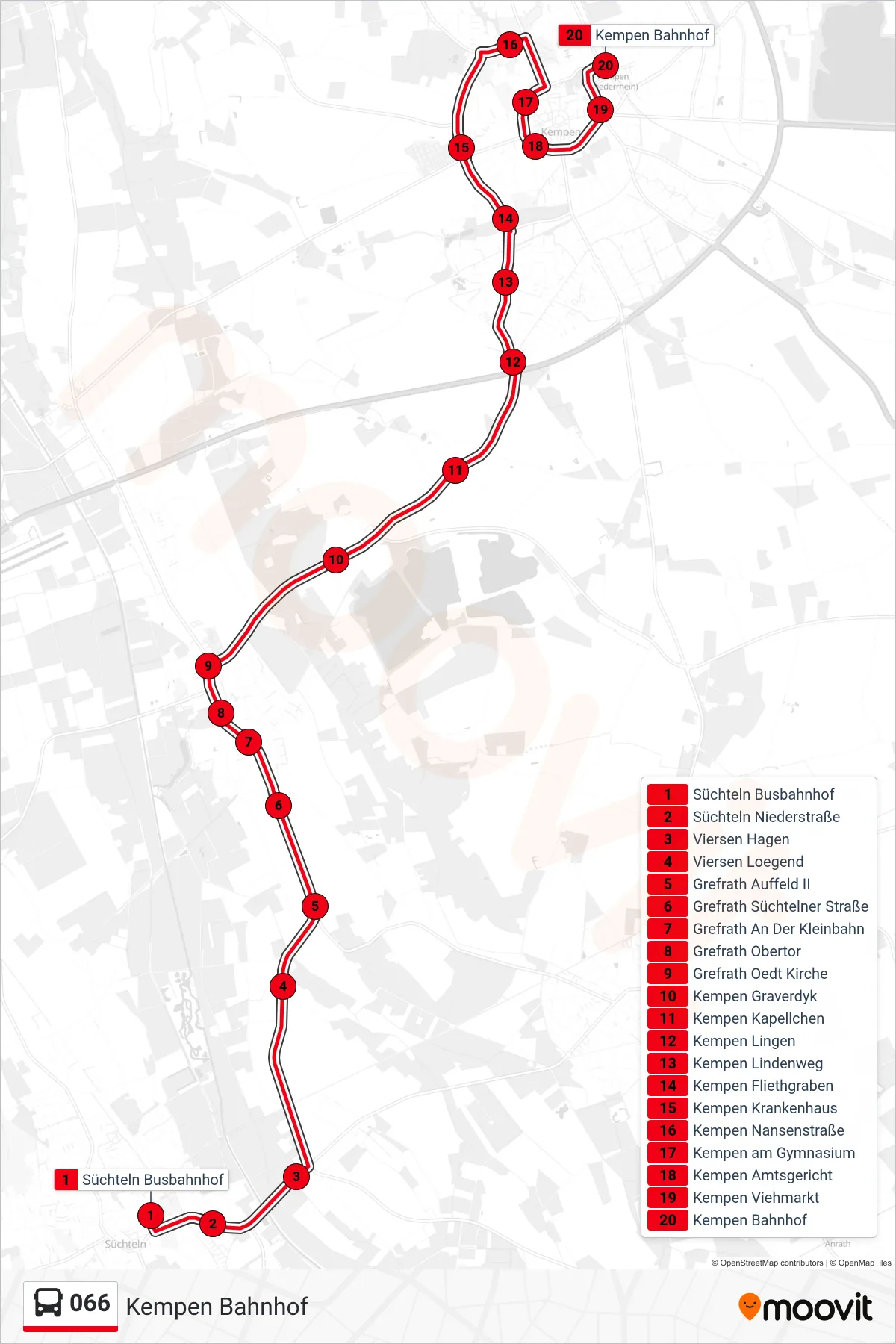 Linie 066 (Bus) Richtung Kempen Bahnhof: Route und Haltestellen auf der Karte
