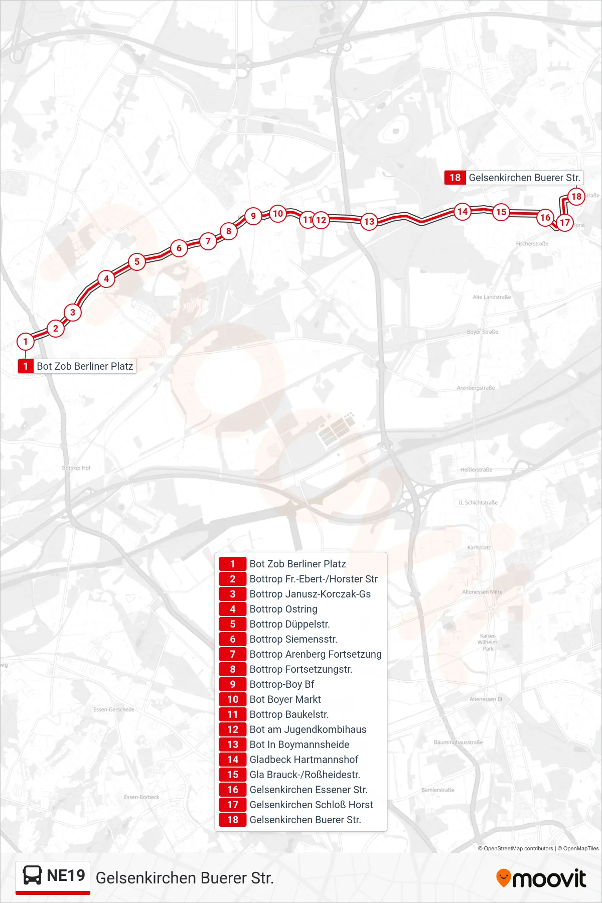 NE19 bus Line (Gelsenkirchen Buerer Str.) route and stops on a map