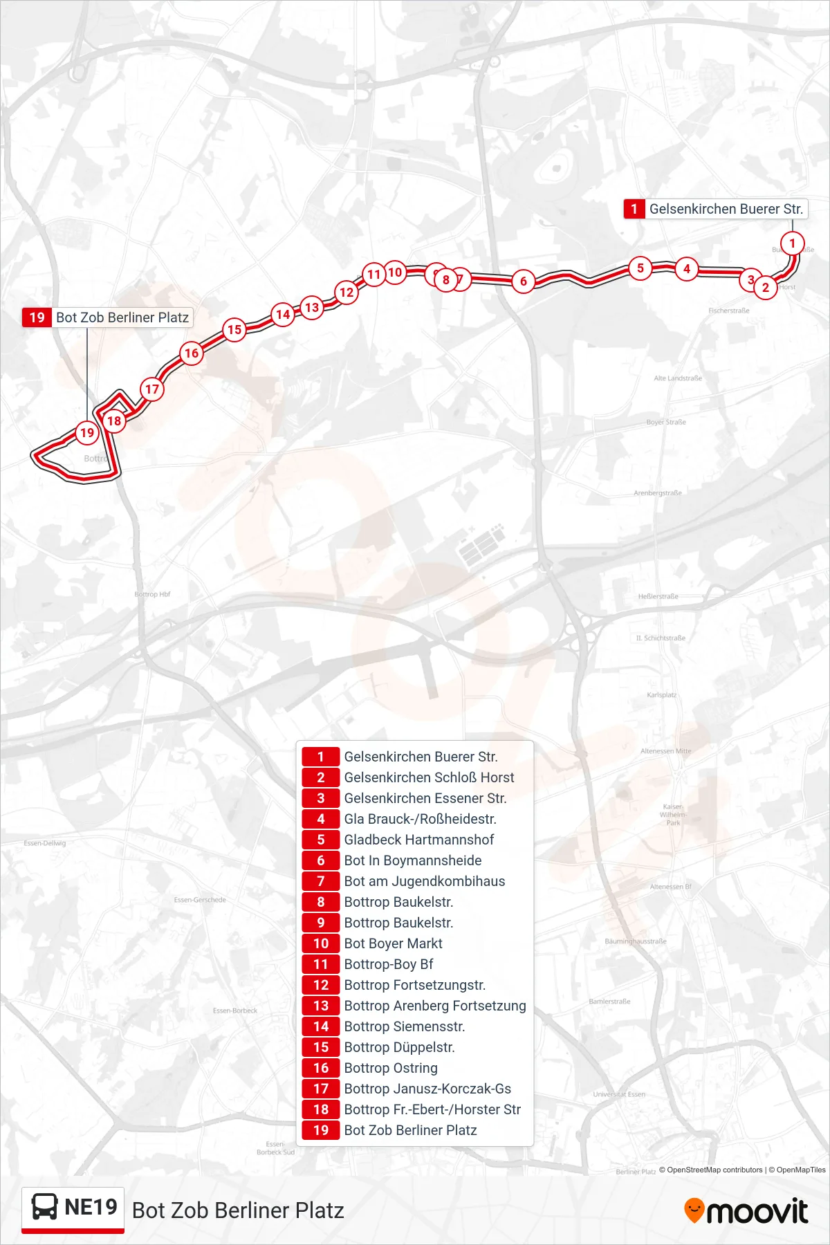 Linie NE19 (Bus) Richtung Bot Zob Berliner Platz: Route und Haltestellen auf der Karte