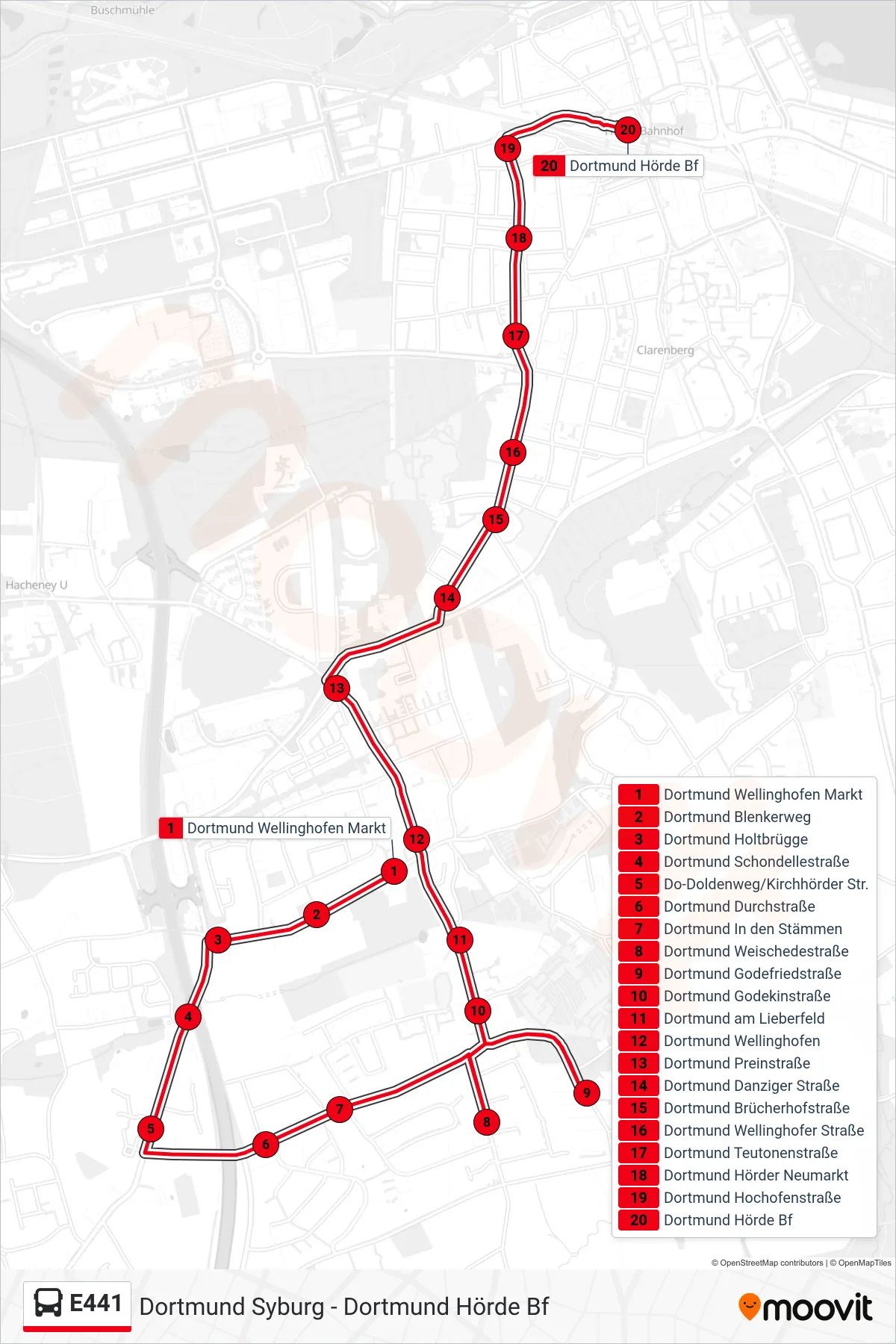 Linie E441 (Bus) Richtung Dortmund Hörde Bf: Route und Haltestellen auf der Karte