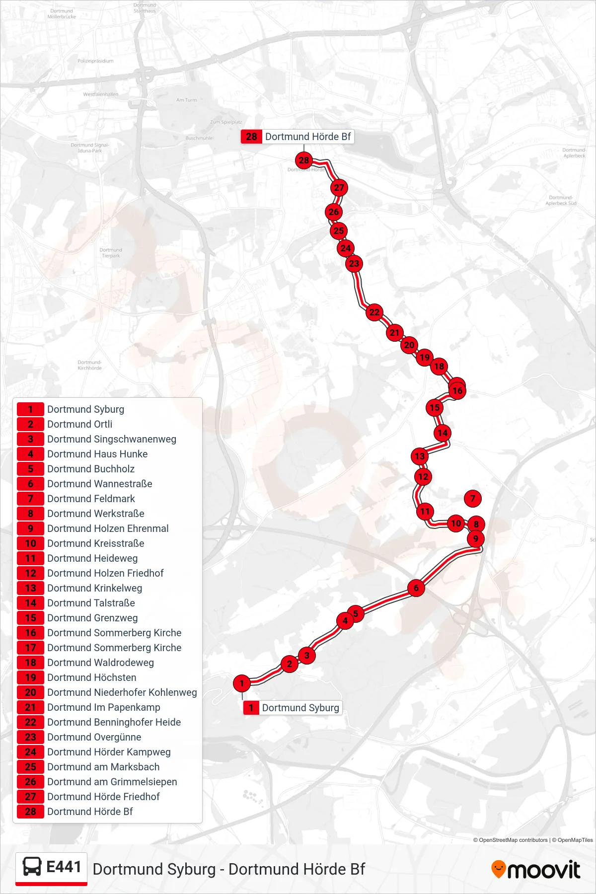 Linie E441 (Bus) Richtung Dortmund Hörde Bf: Route und Haltestellen auf der Karte