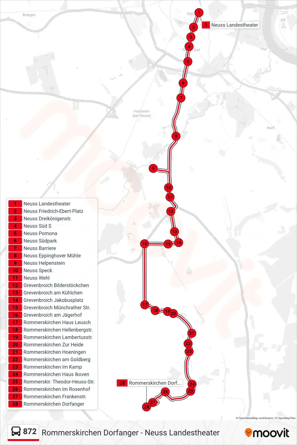 872 bus Line (Rommerskirchen Dorfanger) route and stops on a map