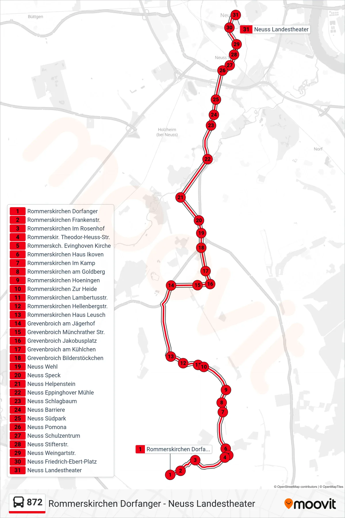 Linie 872 (Bus) Richtung Neuss Landestheater: Route und Haltestellen auf der Karte