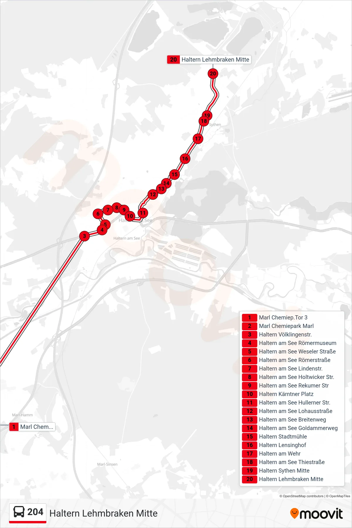 Linie 204 (Bus) Richtung Haltern Lehmbraken Mitte: Route und Haltestellen auf der Karte