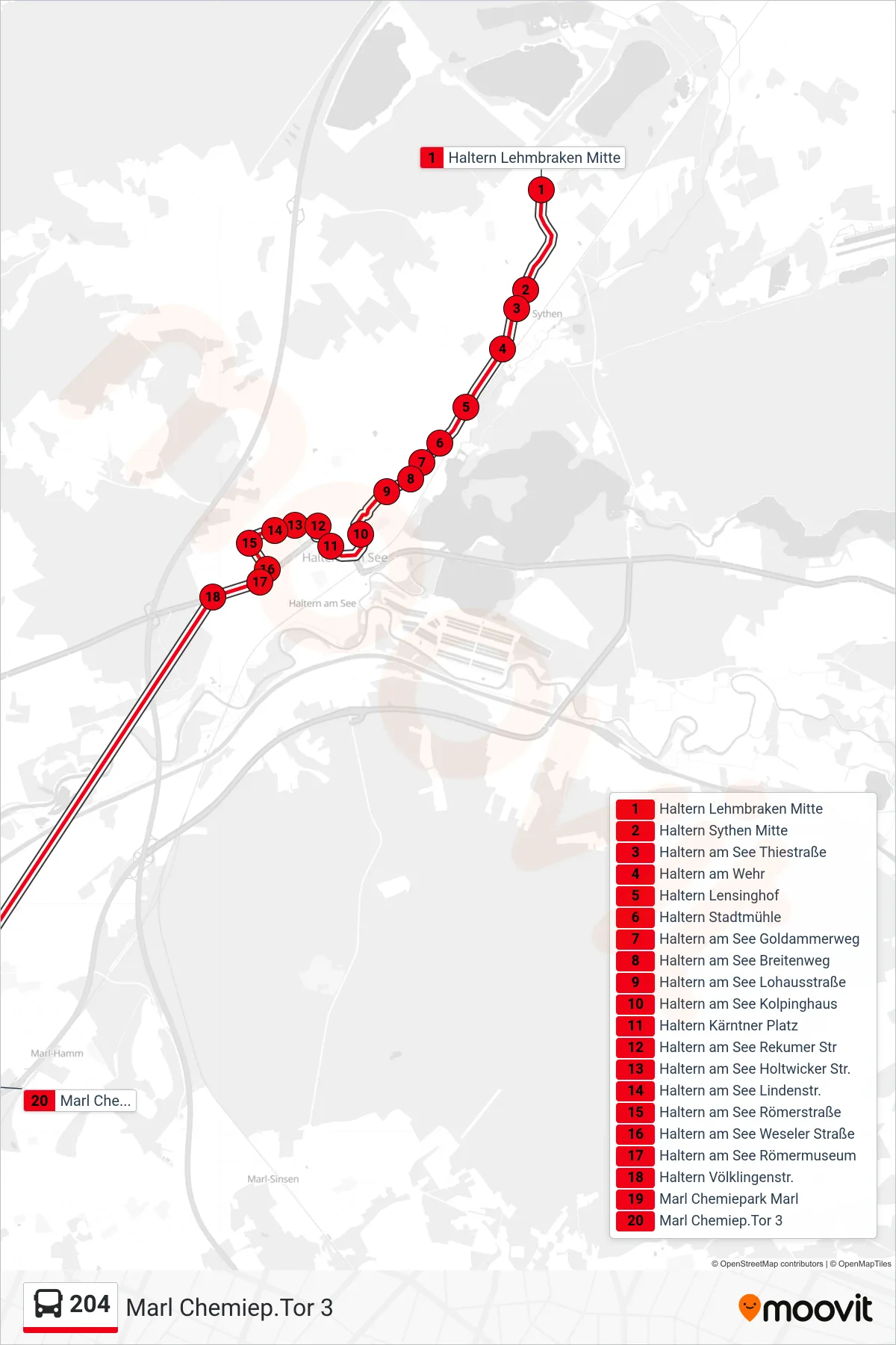 Linie 204 (Bus) Richtung Marl Chemiep.Tor 3: Route und Haltestellen auf der Karte