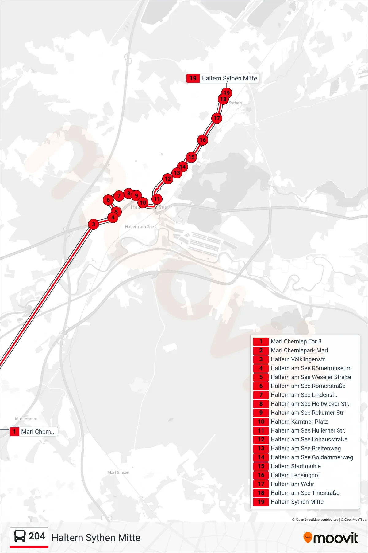 204 bus Line (Haltern Sythen Mitte) route and stops on a map