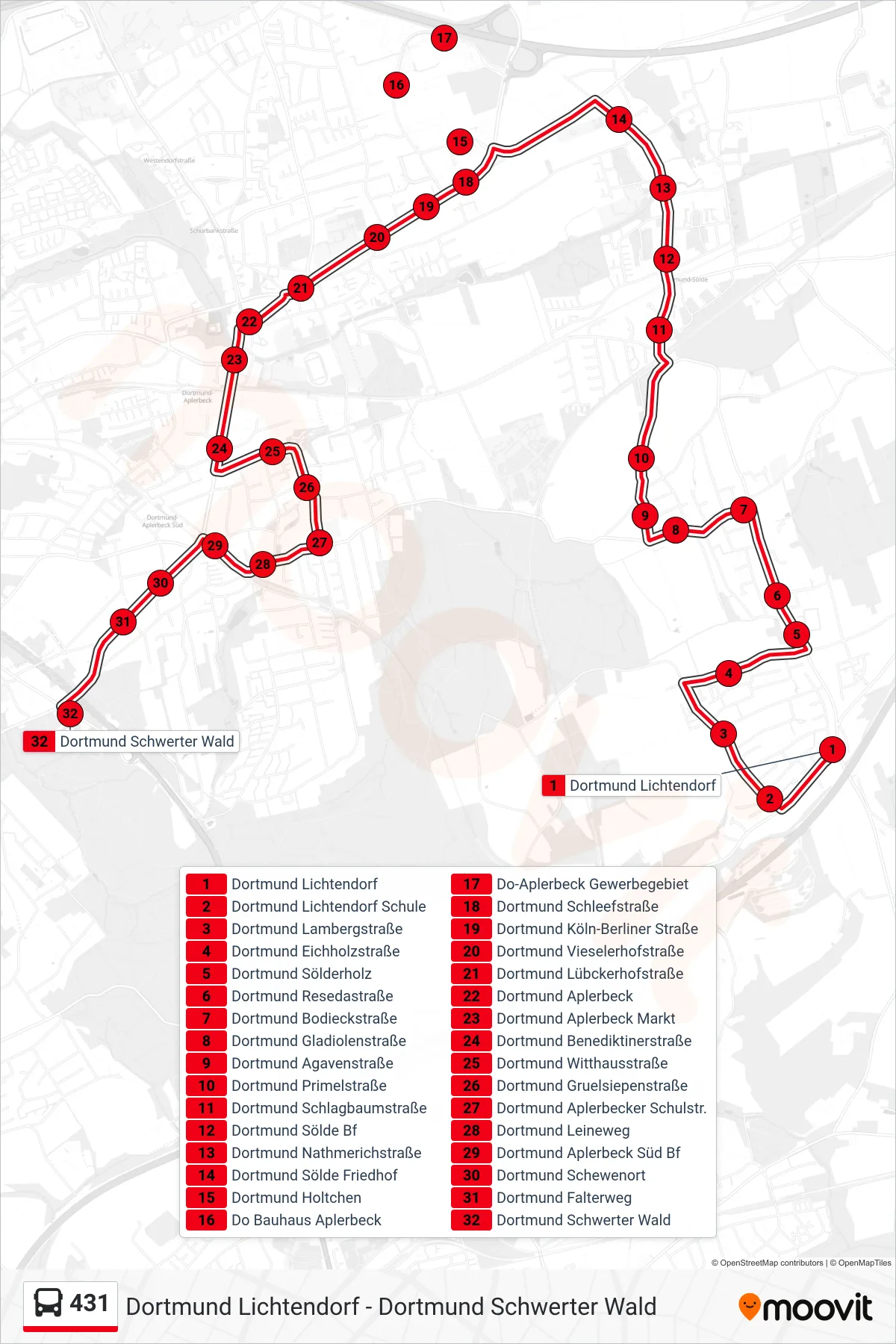 Linie 431 (Bus) Richtung Dortmund Schwerter Wald: Route und Haltestellen auf der Karte