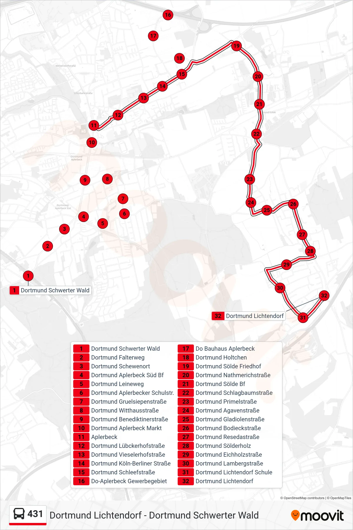 Linie 431 (Bus) Richtung Dortmund Lichtendorf: Route und Haltestellen auf der Karte