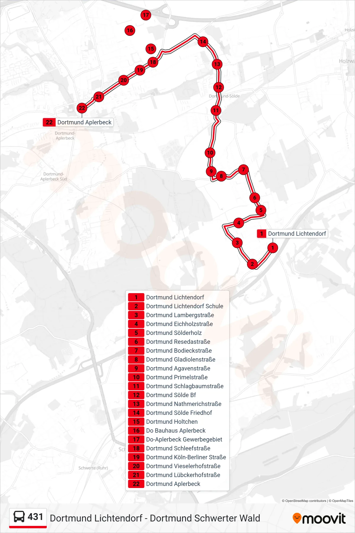 431 bus Line (Dortmund Aplerbeck) route and stops on a map