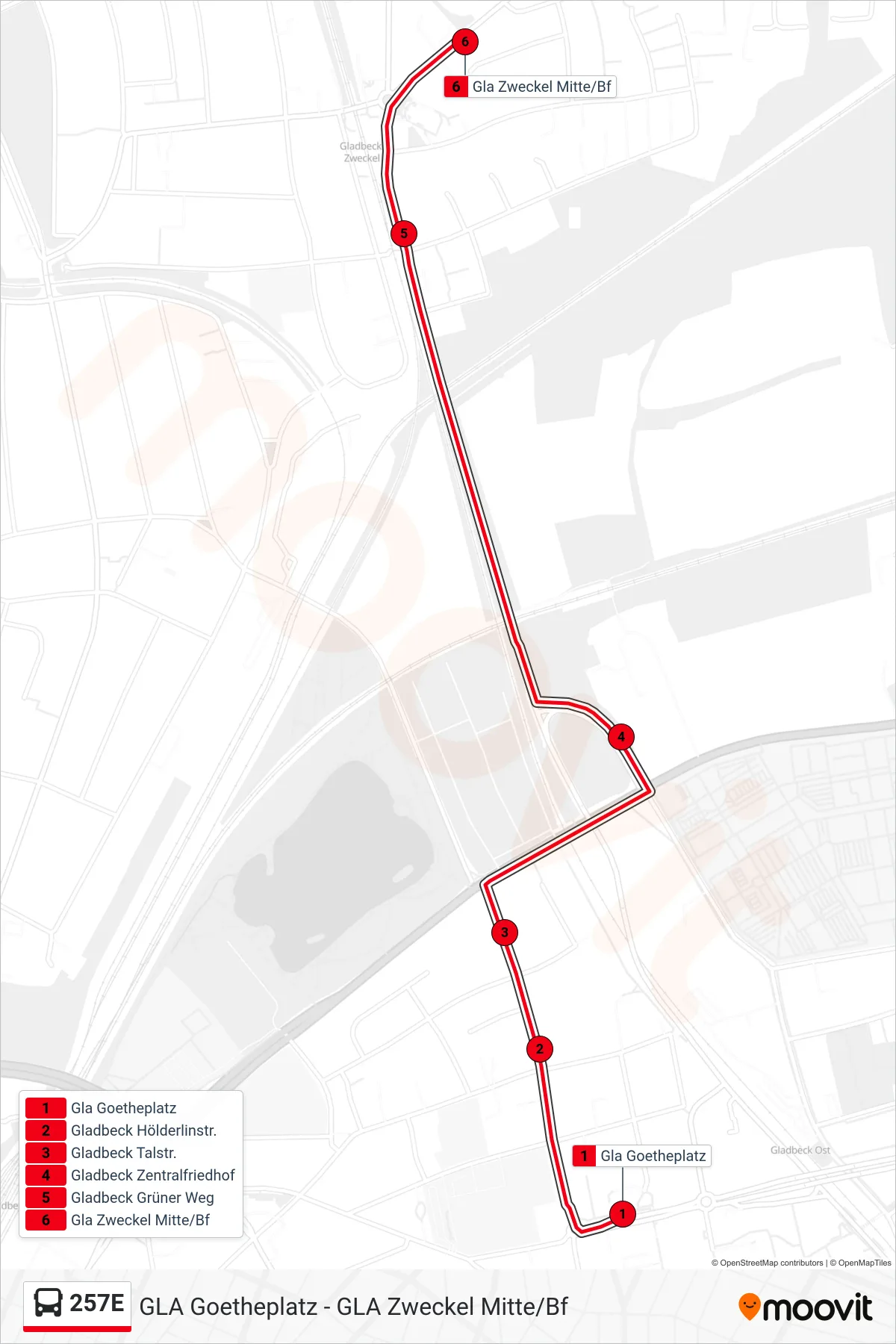 Linie 257E (Bus) Richtung Gla Zweckel Mitte/Bf: Route und Haltestellen auf der Karte