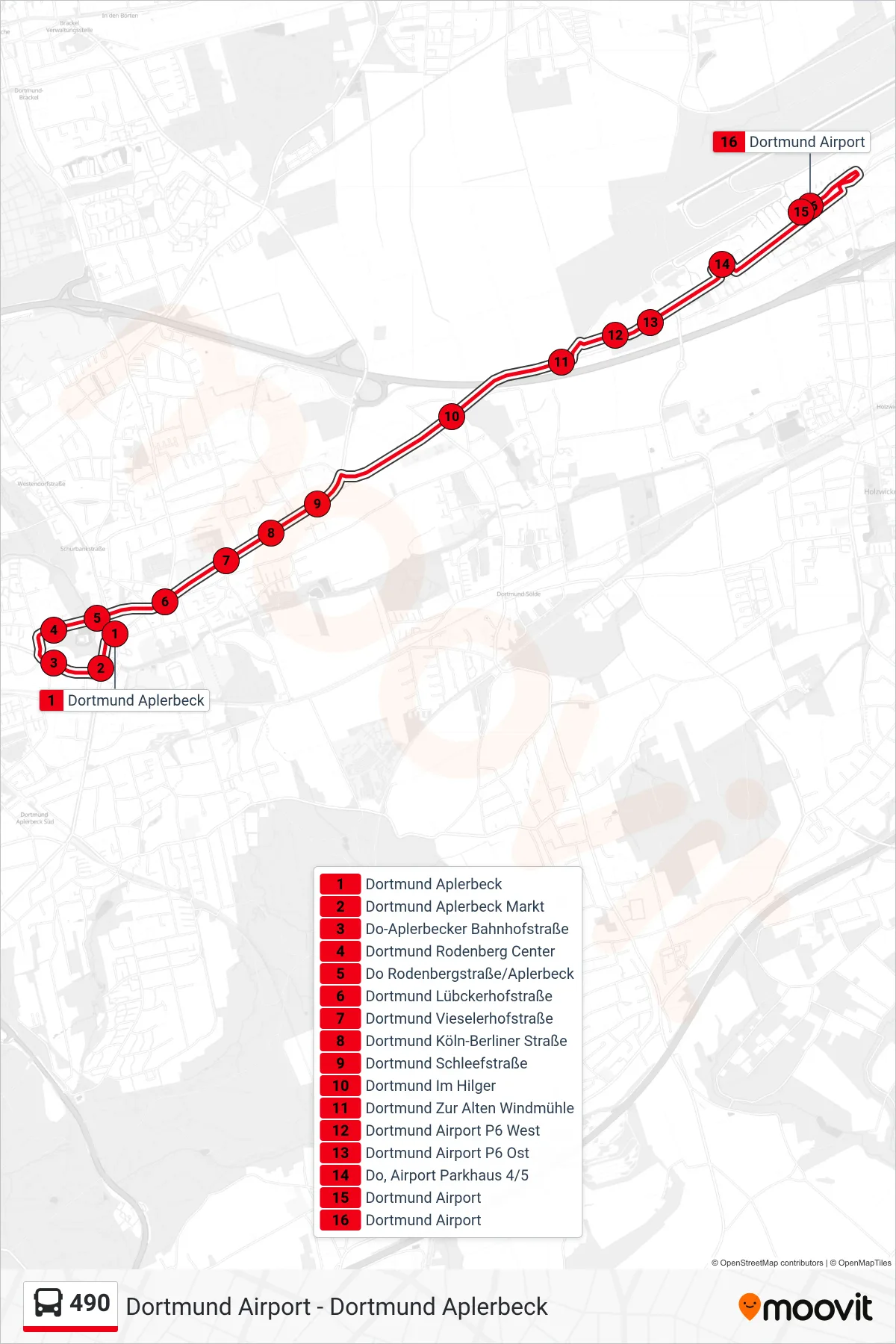 Linie 490 (Bus) Richtung Dortmund Airport: Route und Haltestellen auf der Karte