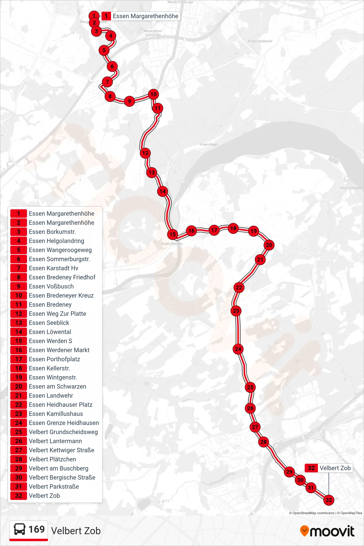 Linie 169 (Bus) Richtung Velbert Zob: Route und Haltestellen auf der Karte