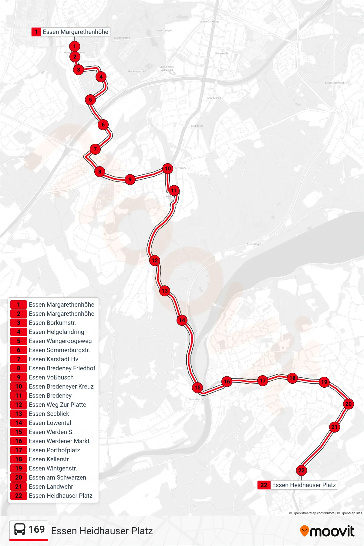 Linie 169 (Bus) Richtung Essen Heidhauser Platz: Route und Haltestellen auf der Karte