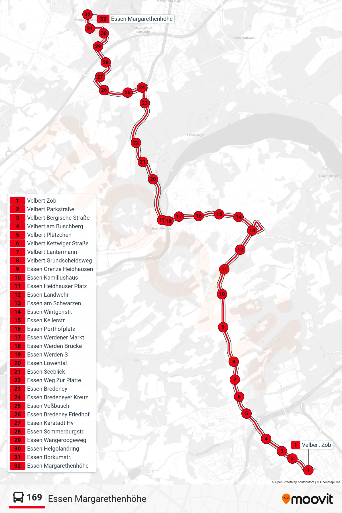 Linie 169 (Bus) Richtung Essen Margarethenhöhe: Route und Haltestellen auf der Karte