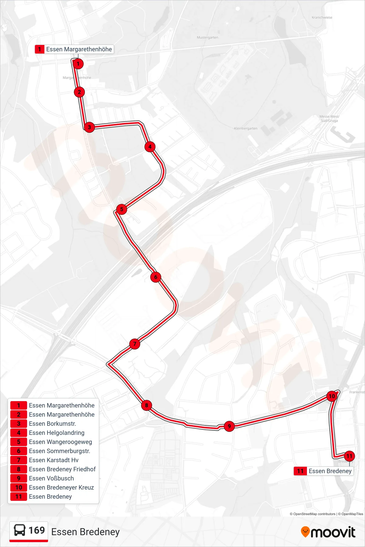 Linie 169 (Bus) Richtung Essen Bredeney: Route und Haltestellen auf der Karte