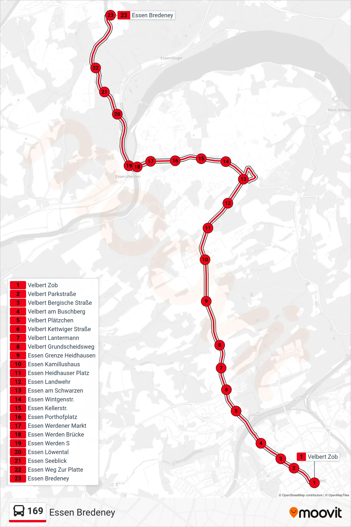 Linie 169 (Bus) Richtung Essen Bredeney: Route und Haltestellen auf der Karte