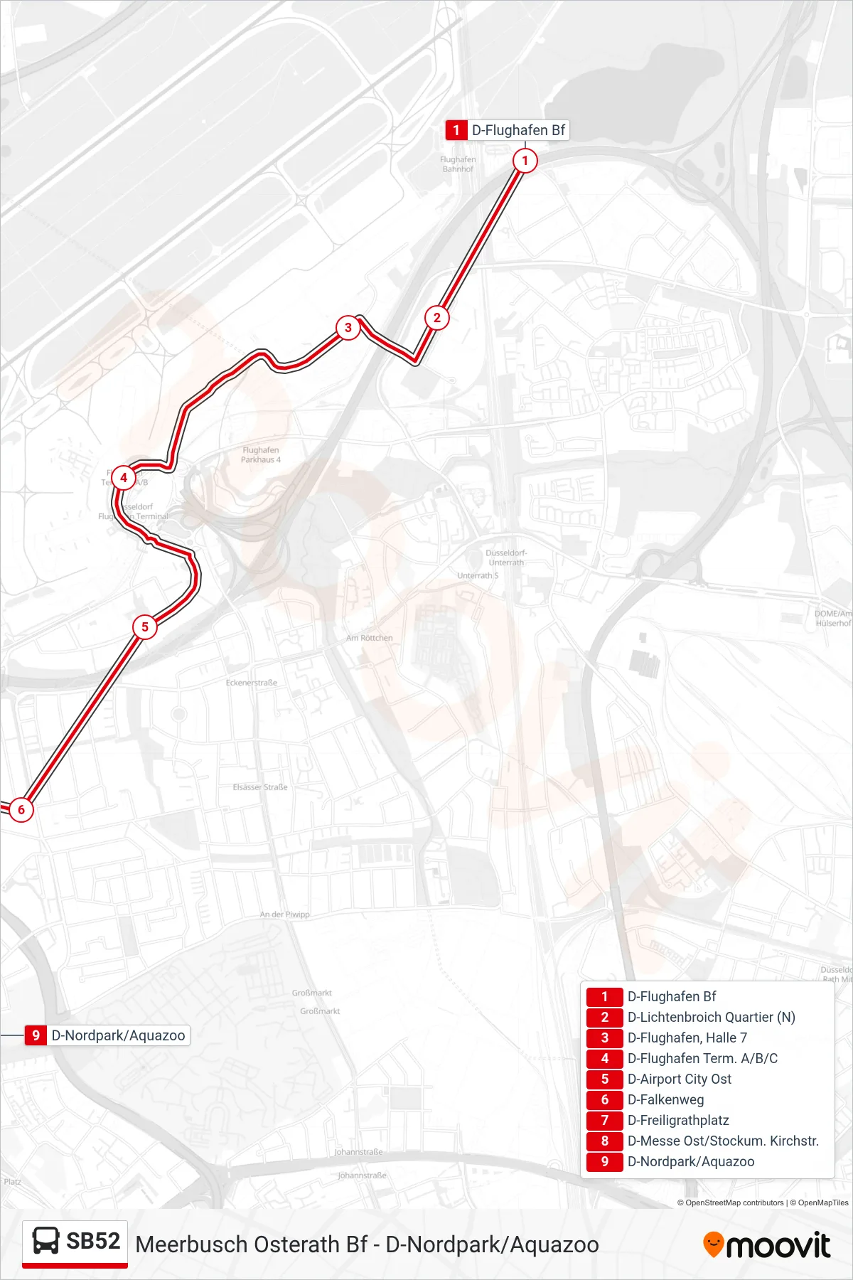 Linie SB52 (Bus) Richtung D-Nordpark/Aquazoo: Route und Haltestellen auf der Karte