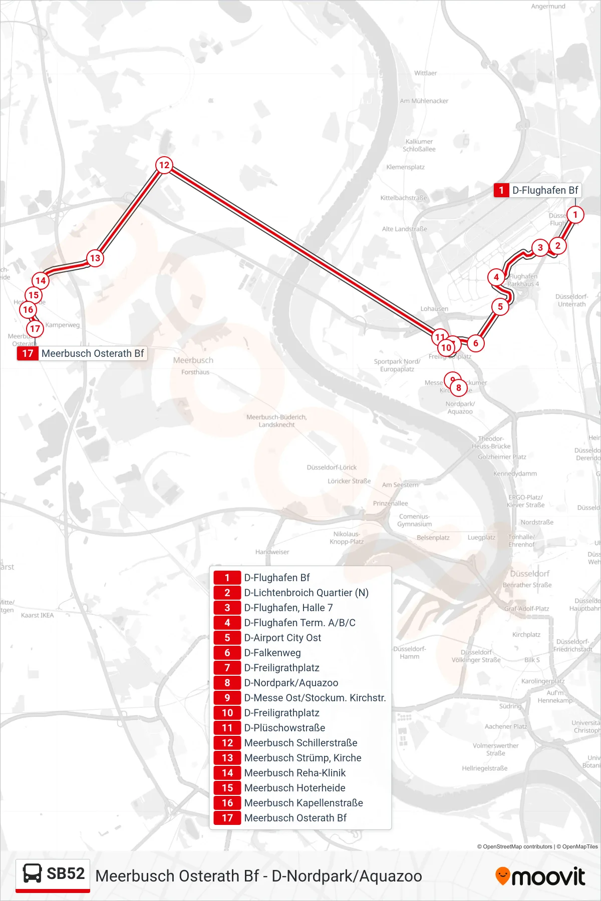 SB52 bus Line (Meerbusch Osterath Bf) route and stops on a map