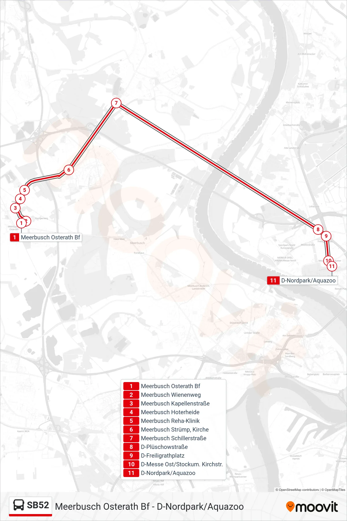 SB52 bus Line (D-Nordpark/Aquazoo) route and stops on a map