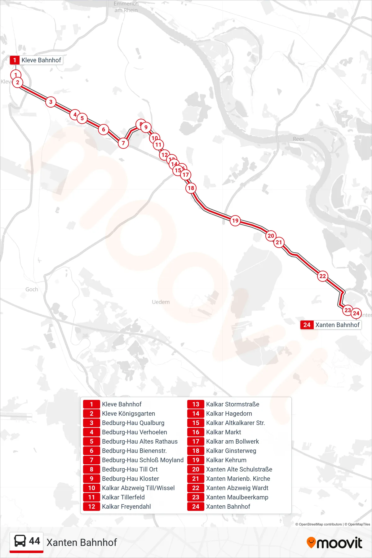 Linie 44 (Bus) Richtung Xanten Bahnhof: Route und Haltestellen auf der Karte