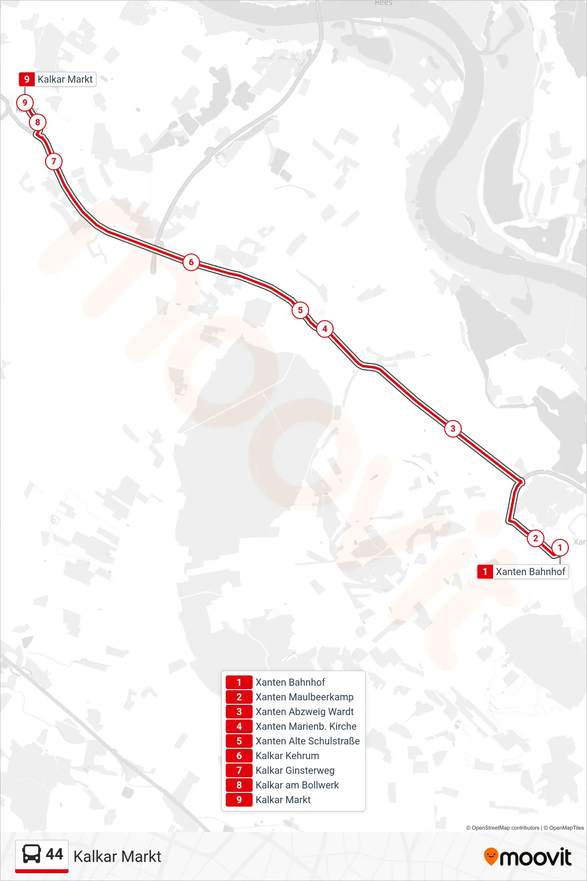 Linie 44 (Bus) Richtung Kalkar Markt: Route und Haltestellen auf der Karte