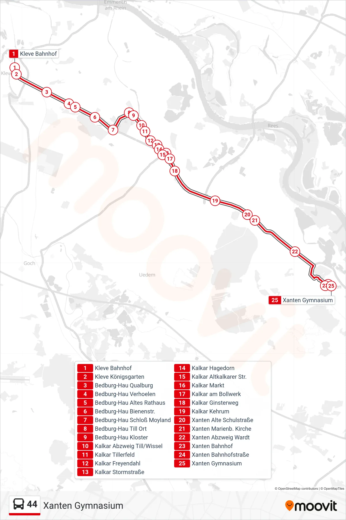 44 bus Line (Xanten Gymnasium) route and stops on a map